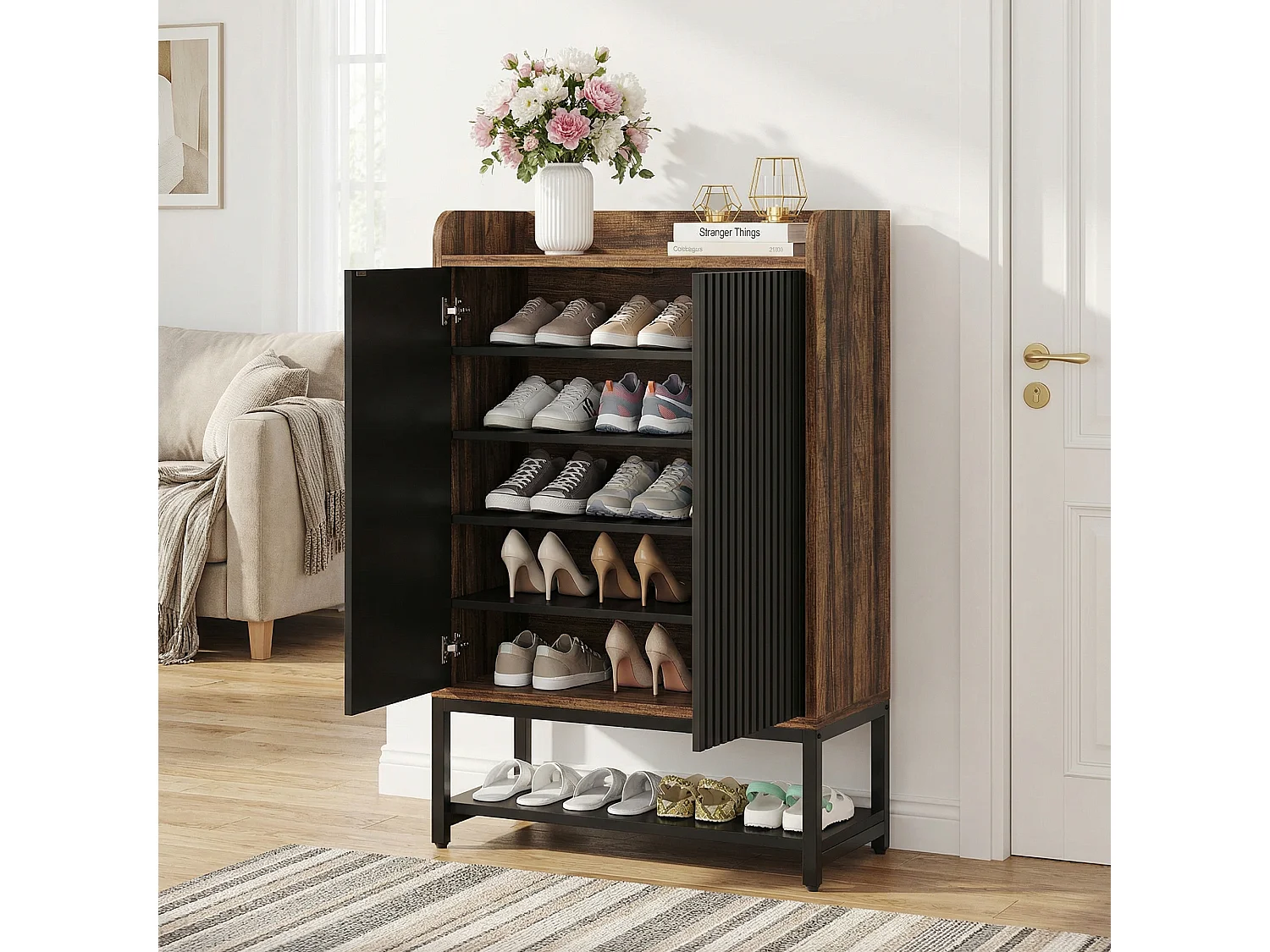 Armoire à Chaussures 5 Niveaux– Meuble de Rangement en Bois pour Entrée et Couloir, Capacité 15-20 Paires, Noir et Marron, 75x35x105 cm