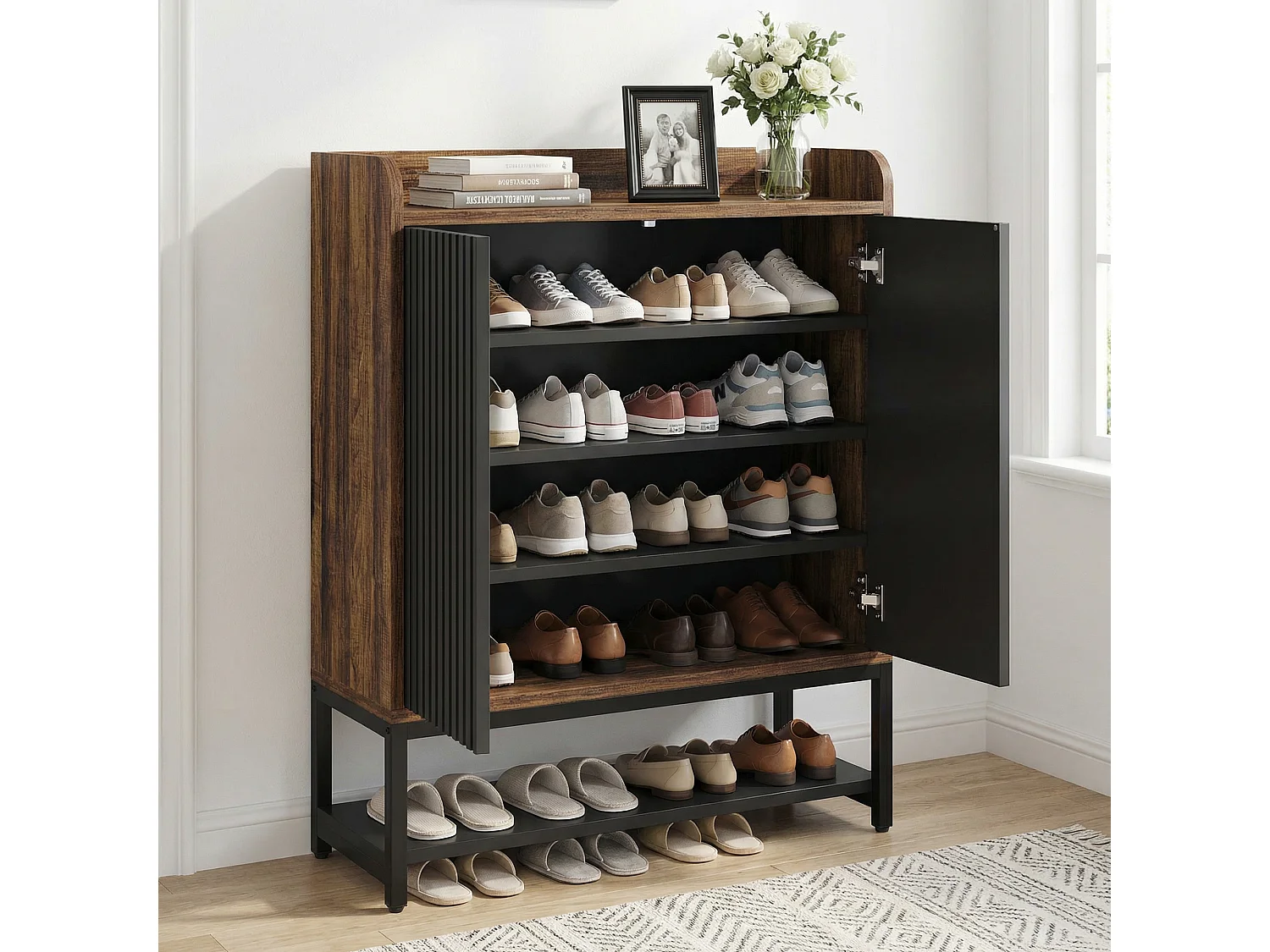 Armoire à Chaussures 5 Niveaux– Meuble de Rangement en Bois pour Entrée et Couloir, Capacité 15-20 Paires, Noir et Marron, 75x35x105 cm