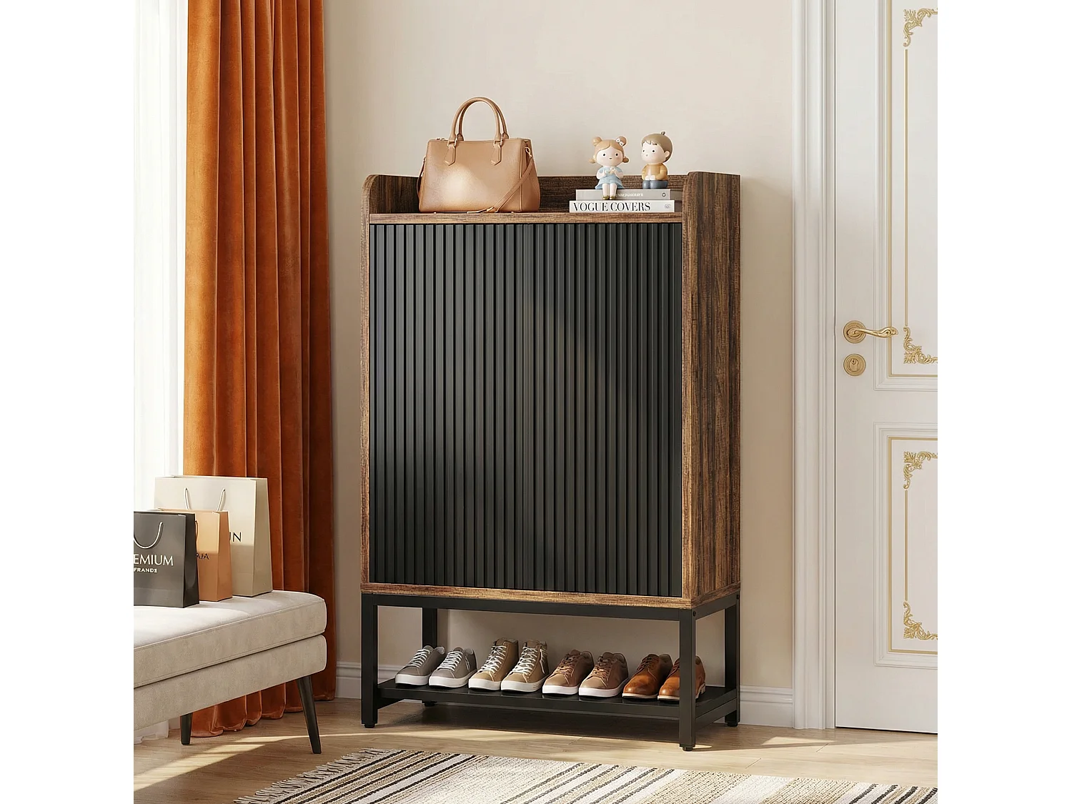 Armoire à Chaussures 5 Niveaux– Meuble de Rangement en Bois pour Entrée et Couloir, Capacité 15-20 Paires, Noir et Marron, 75x35x105 cm