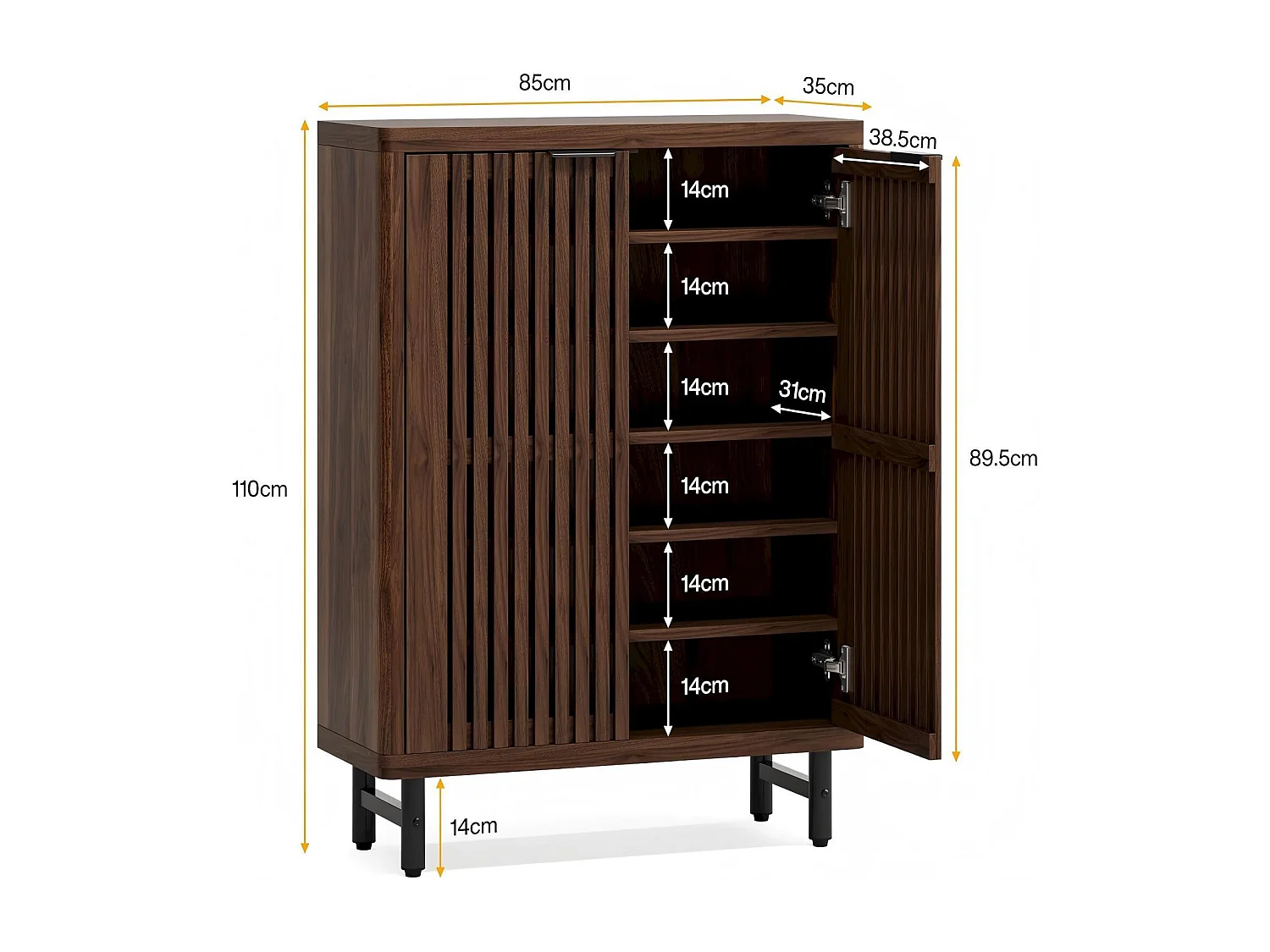 Armoire à Chaussures 6 Niveaux– Meuble de Rangement en Bois avec Portes à Volet et Étagères Réglables, Grande Capacité pour Entrée et Couloir, 85x35x110 cm