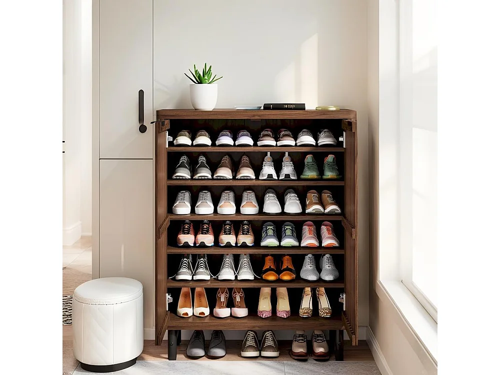 Armoire à Chaussures 6 Niveaux– Meuble de Rangement en Bois avec Portes à Volet et Étagères Réglables, Grande Capacité pour Entrée et Couloir, 85x35x110 cm