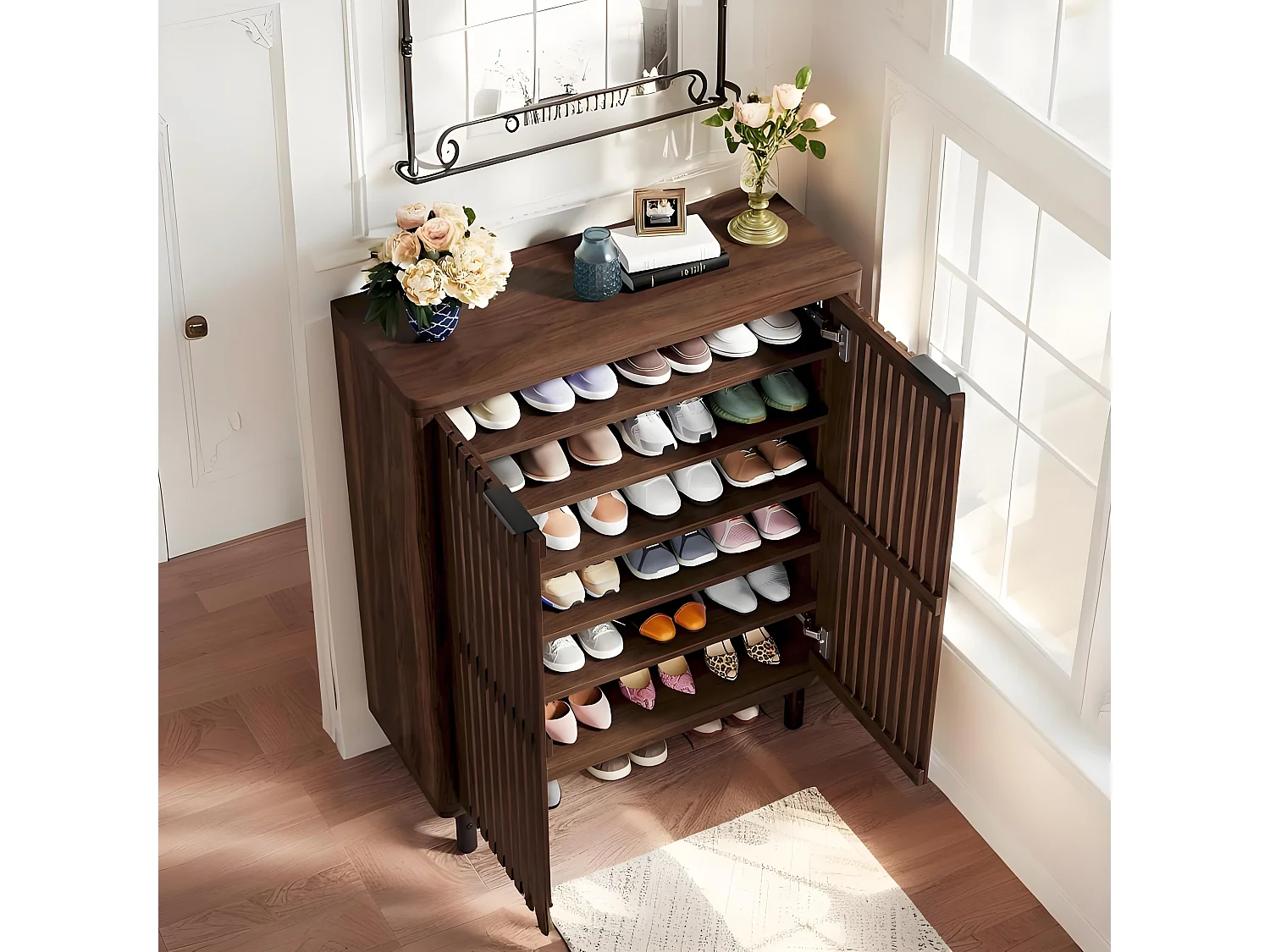 Armoire à Chaussures 6 Niveaux– Meuble de Rangement en Bois avec Portes à Volet et Étagères Réglables, Grande Capacité pour Entrée et Couloir, 85x35x110 cm