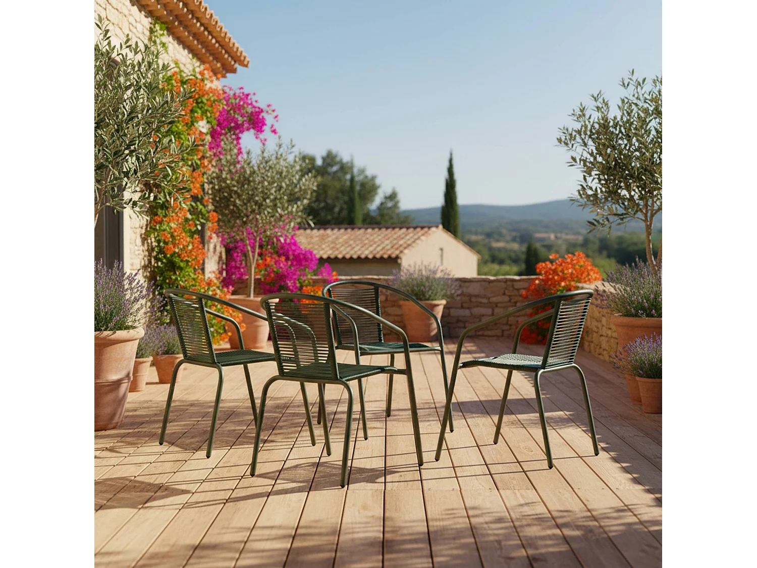 Fauteuils de jardin structure métallique kaki et résine couleur naturelle. traitement antirouille. lot de 4 TONALA