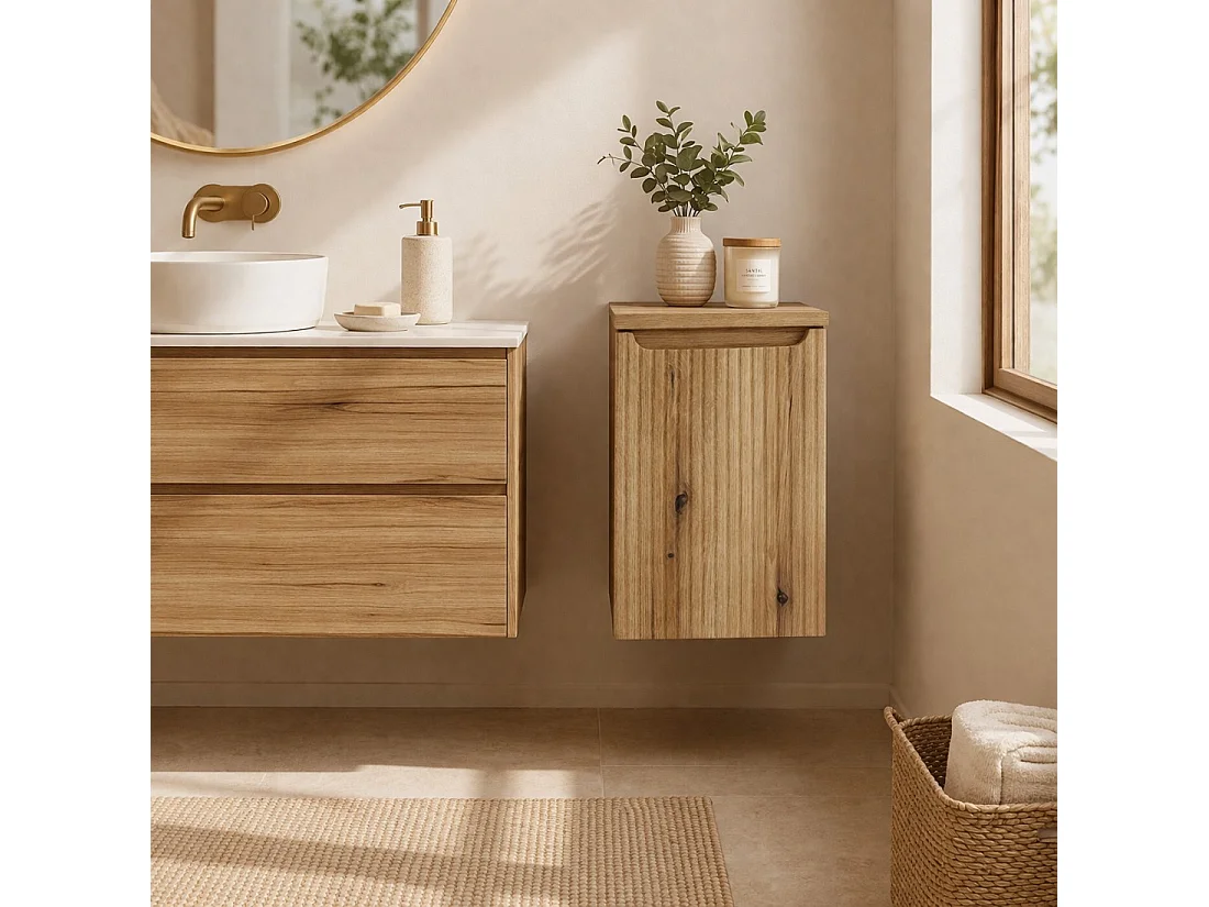Panier à linge VANO 40 cm – meuble suspendu chêne clair avec porte abattante et plateau