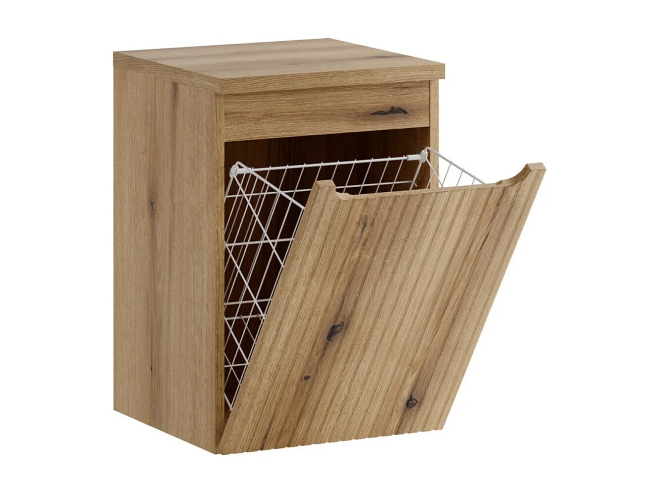 Panier à linge VANO 40 cm – meuble suspendu chêne clair avec porte abattante et plateau