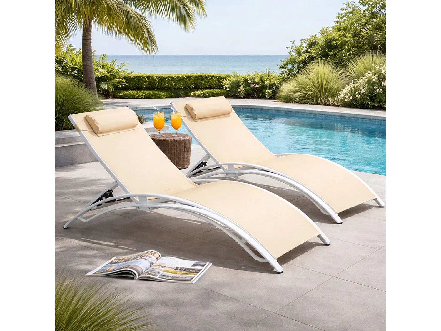 Lot de 2 transats ajustables blanc et écru CALI