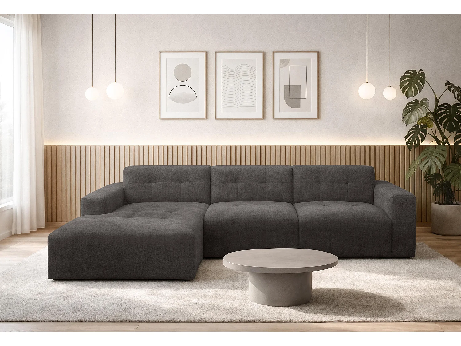 AX LIVING Canapé d'angle Corlu Gris foncé pour salon 310 cm angle gauche