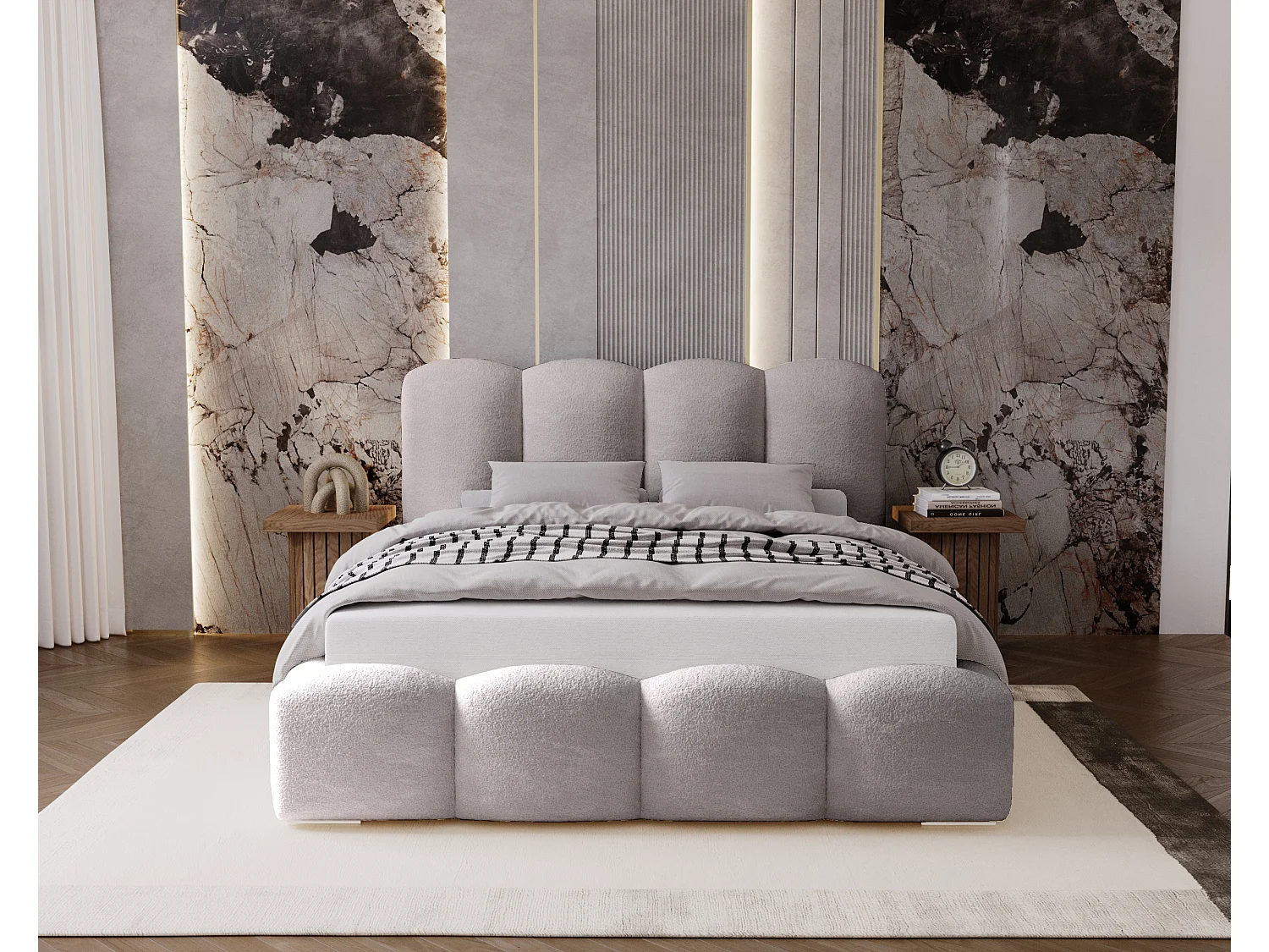 BESILIO Polsterbett 140x200 Fluffy – Wolkenbett Bouclé, Bett mit Bettkasten und Lattenrost, dicke Polsterung, modernes Stauraumbett Schlafzimmer – Hellgrau