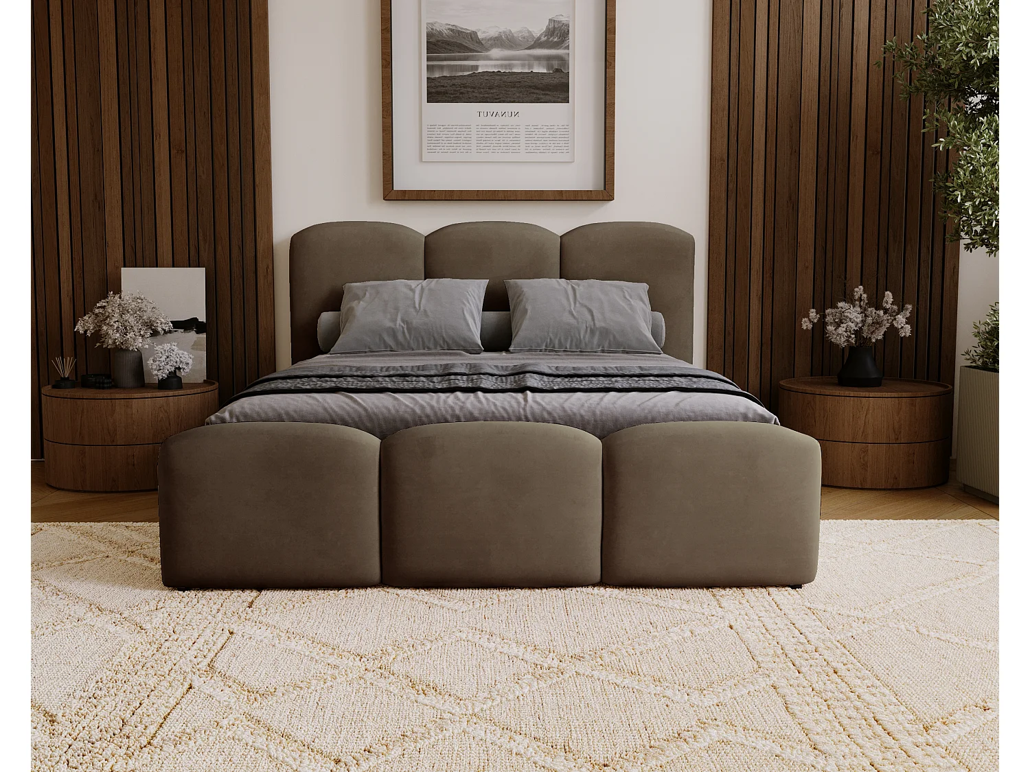 BESILIO Lit tapissé pour chambre 200x200 Camille – lit avec coffre de rangement et sommier en bois – Marron