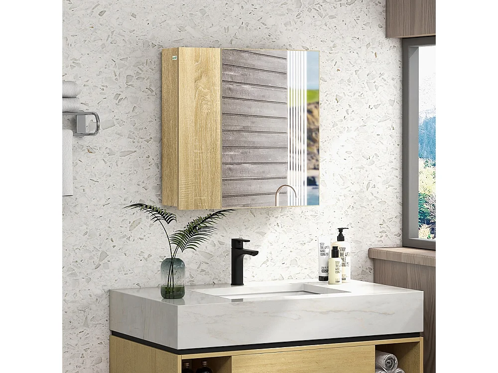 Armoire de salle de bain avec miroir et 4 étagères intérieures en panneau de particules 60x15x60cm couleur bois