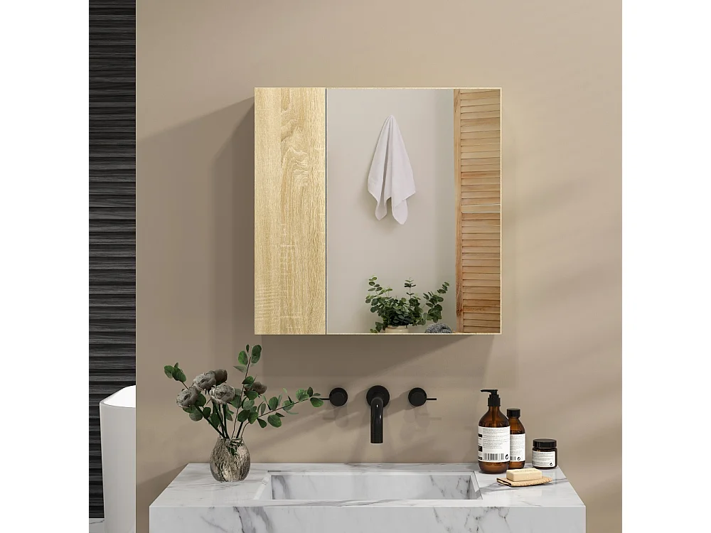 Armoire de salle de bain avec miroir et 4 étagères intérieures en panneau de particules 60x15x60cm couleur bois