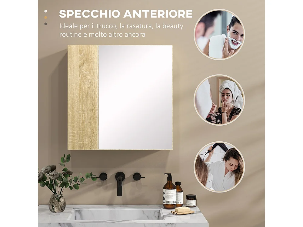 Armoire de salle de bain avec miroir et 4 étagères intérieures en panneau de particules 60x15x60cm couleur bois