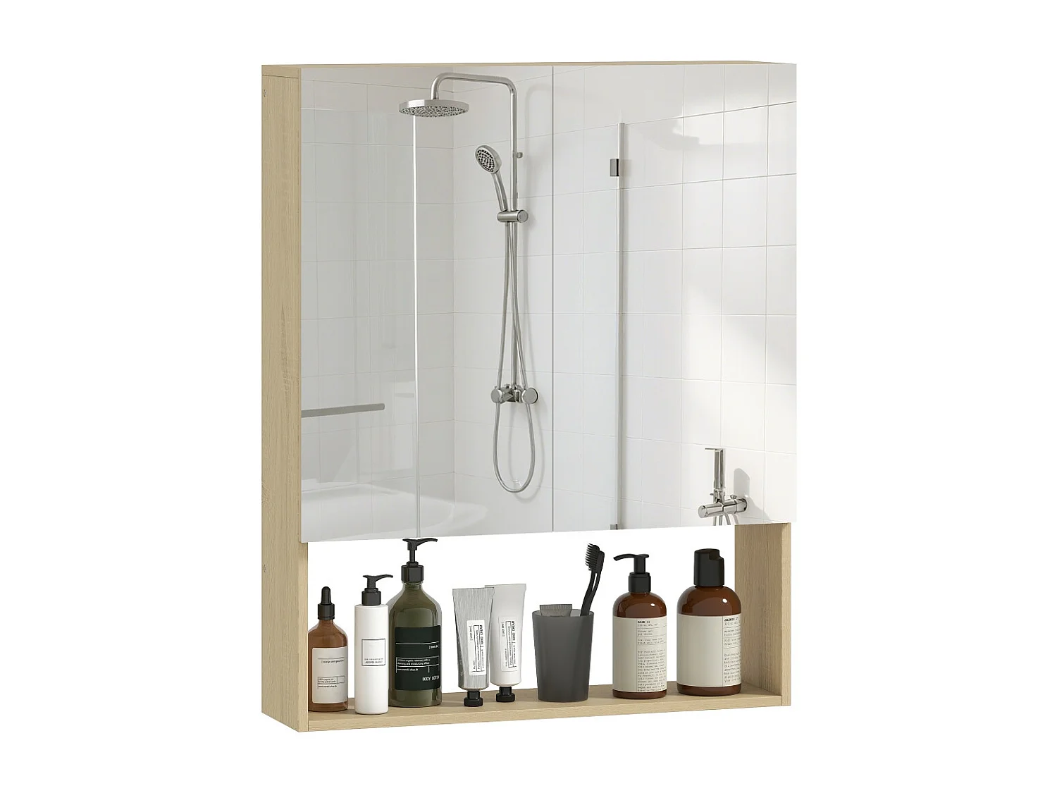 Armoire de salle de bain portes miroir étagère ouverte montage mural MDF panneau de particules chêne