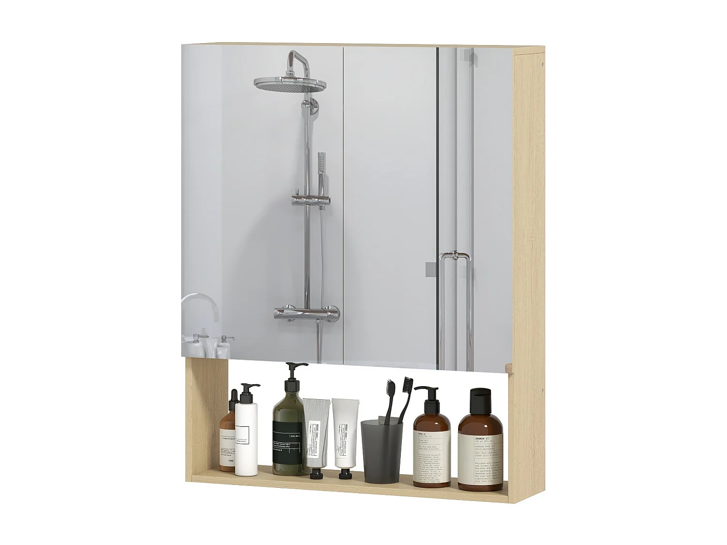 Armoire de salle de bain portes miroir étagère ouverte montage mural MDF panneau de particules chêne