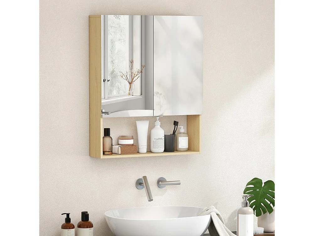 Armoire de salle de bain portes miroir étagère ouverte montage mural MDF panneau de particules chêne