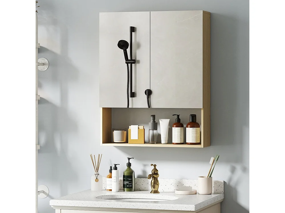 Armoire de salle de bain portes miroir étagère ouverte montage mural MDF panneau de particules chêne