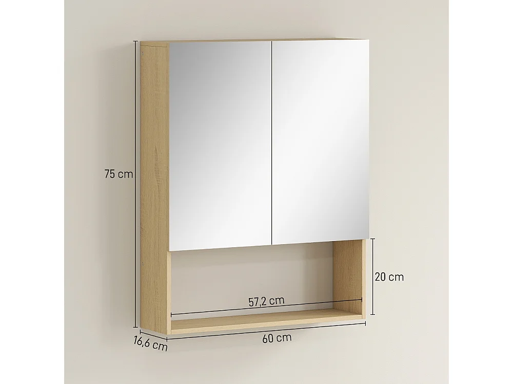 Armoire de salle de bain portes miroir étagère ouverte montage mural MDF panneau de particules chêne