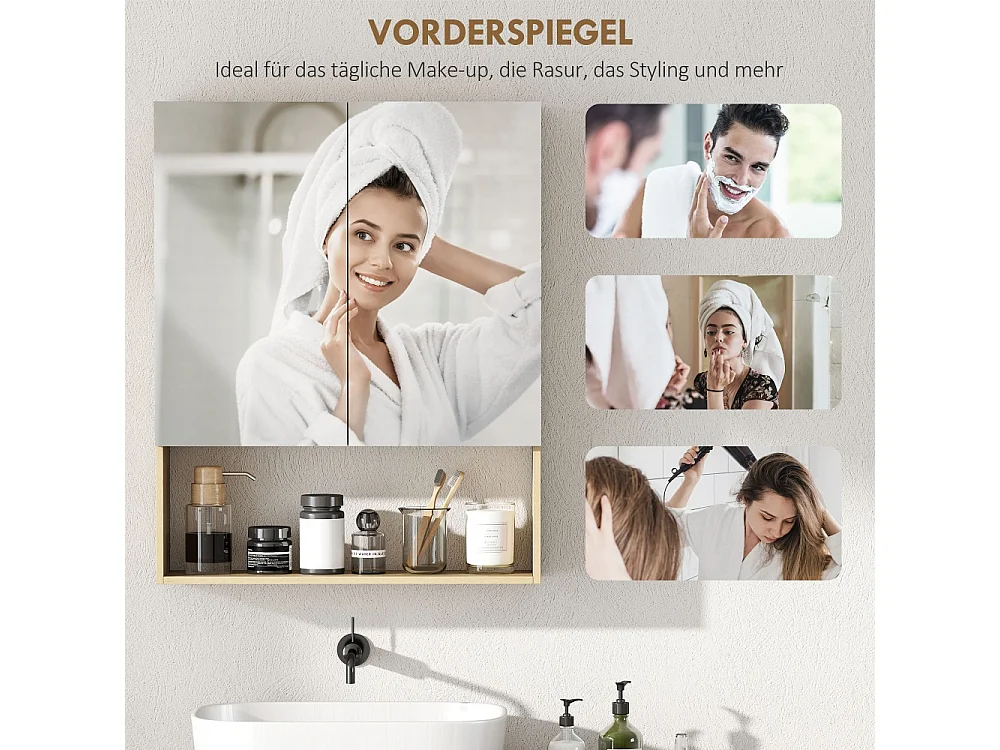 Armoire de salle de bain portes miroir étagère ouverte montage mural MDF panneau de particules chêne