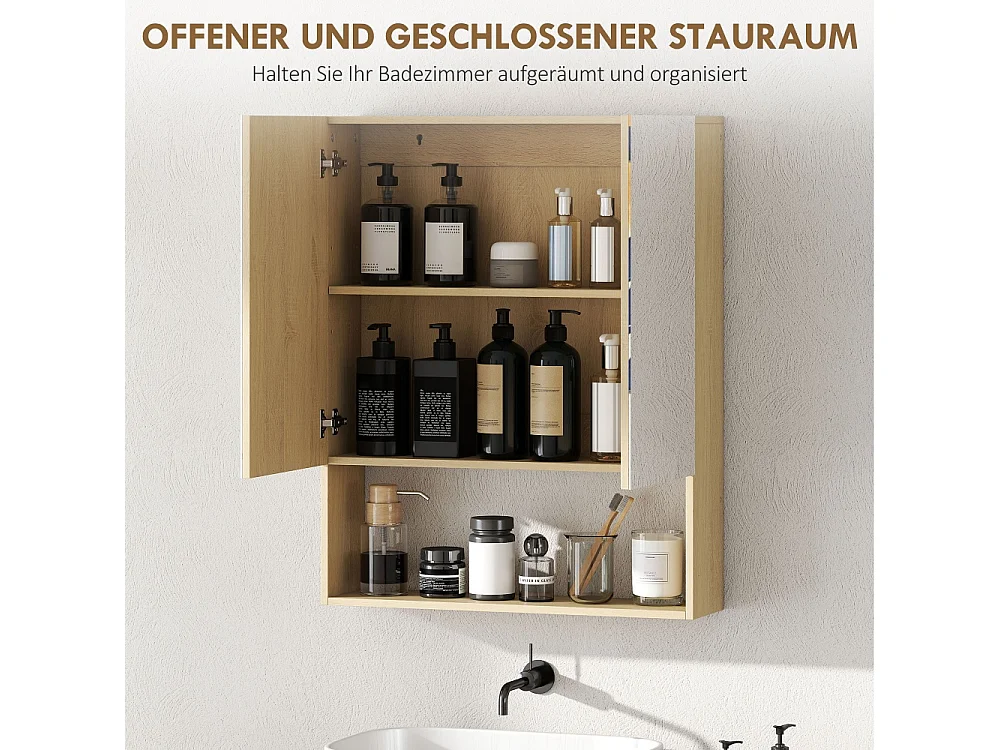 Armoire de salle de bain portes miroir étagère ouverte montage mural MDF panneau de particules chêne