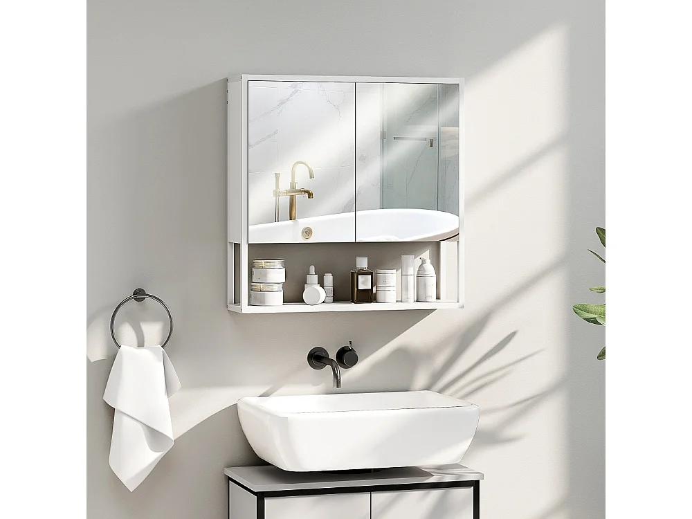 Armoire à miroir de salle de bain avec portes à fermeture douce et étagère réglable Blanche