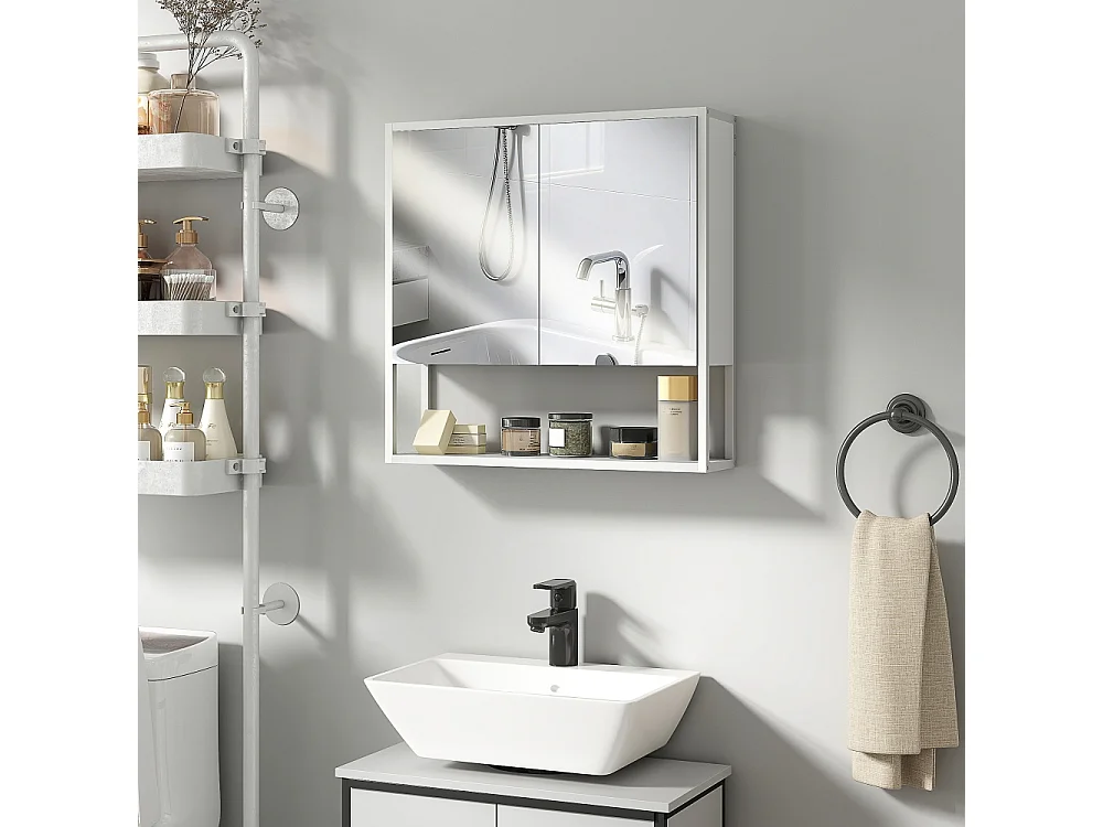 Armoire à miroir de salle de bain avec portes à fermeture douce et étagère réglable Blanche