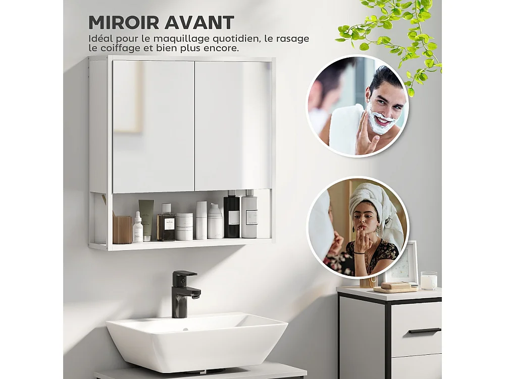 Armoire à miroir de salle de bain avec portes à fermeture douce et étagère réglable Blanche