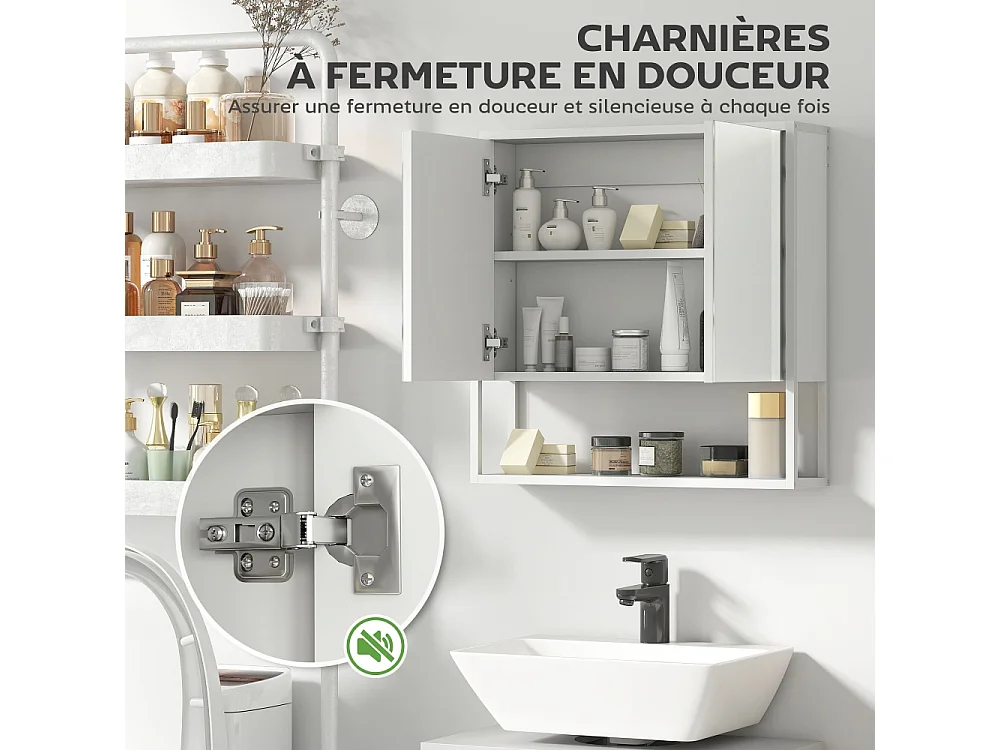 Armoire à miroir de salle de bain avec portes à fermeture douce et étagère réglable Blanche