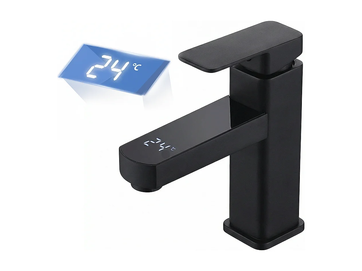 Robinet de salle de bain LED température digital pour lavabo monocommande Noir