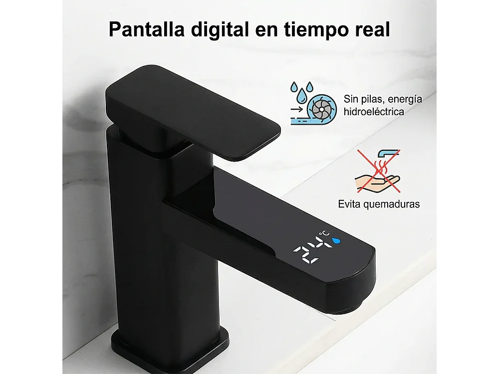 Robinet de salle de bain LED température digital pour lavabo monocommande Noir