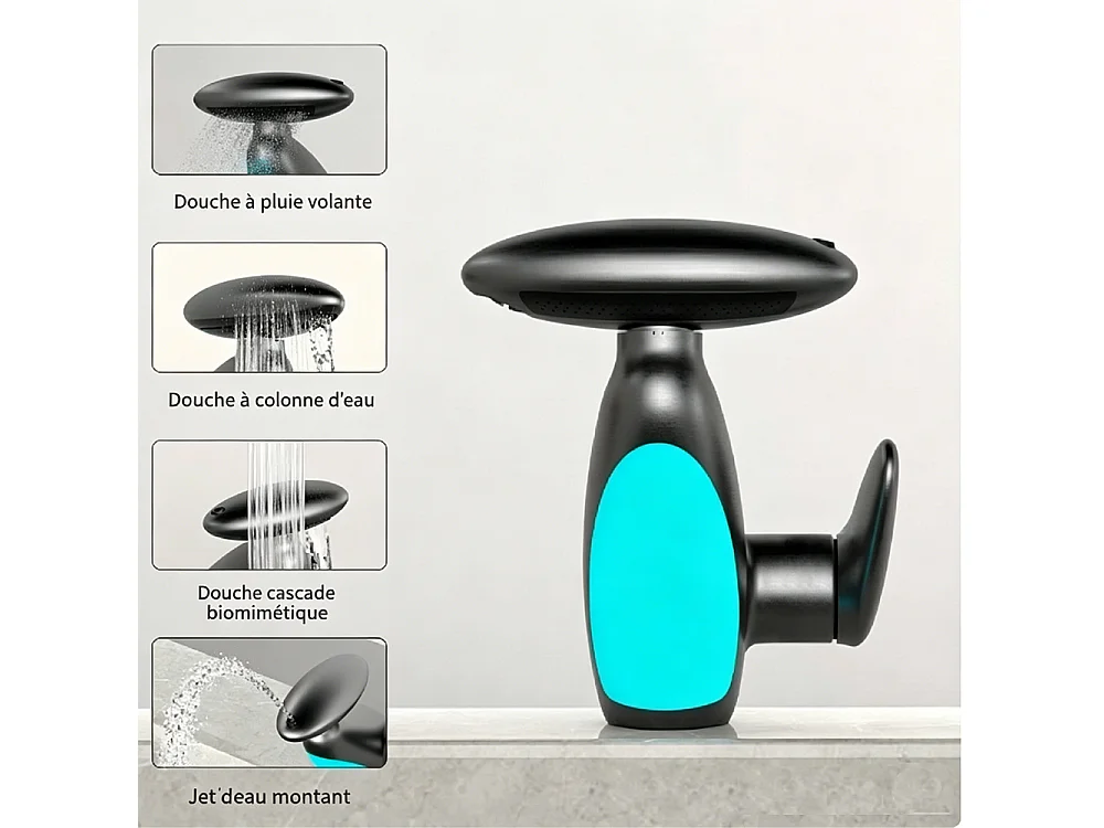 Robinet de salle de bain LED pour lavabo monocommande 4 jets réglable longueur style planète Noir