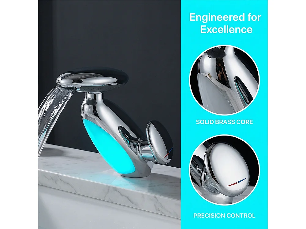 Robinet de salle de bain LED pour lavabo monocommande 4 jets réglable longueur style planète chrome