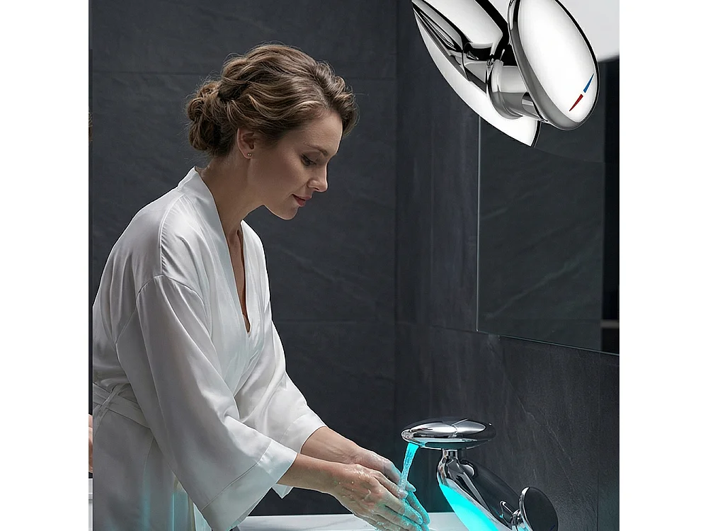 Robinet de salle de bain LED pour lavabo monocommande 4 jets réglable longueur style planète chrome