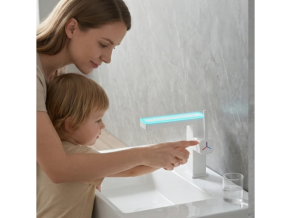Robinet de salle de bain LED digital pour lavabo monocommande en Laiton style technologique Blanc