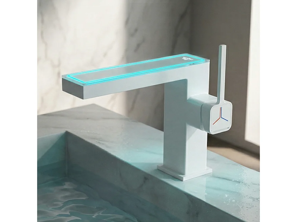 Robinet de salle de bain LED digital pour lavabo monocommande en Laiton style technologique Blanc