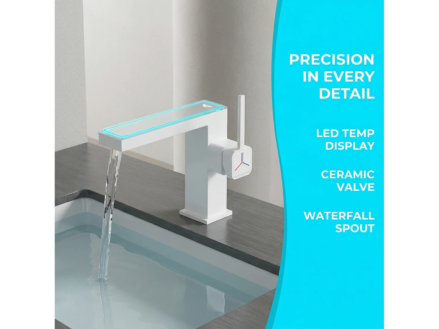 Robinet de salle de bain LED digital pour lavabo monocommande en Laiton style technologique Blanc