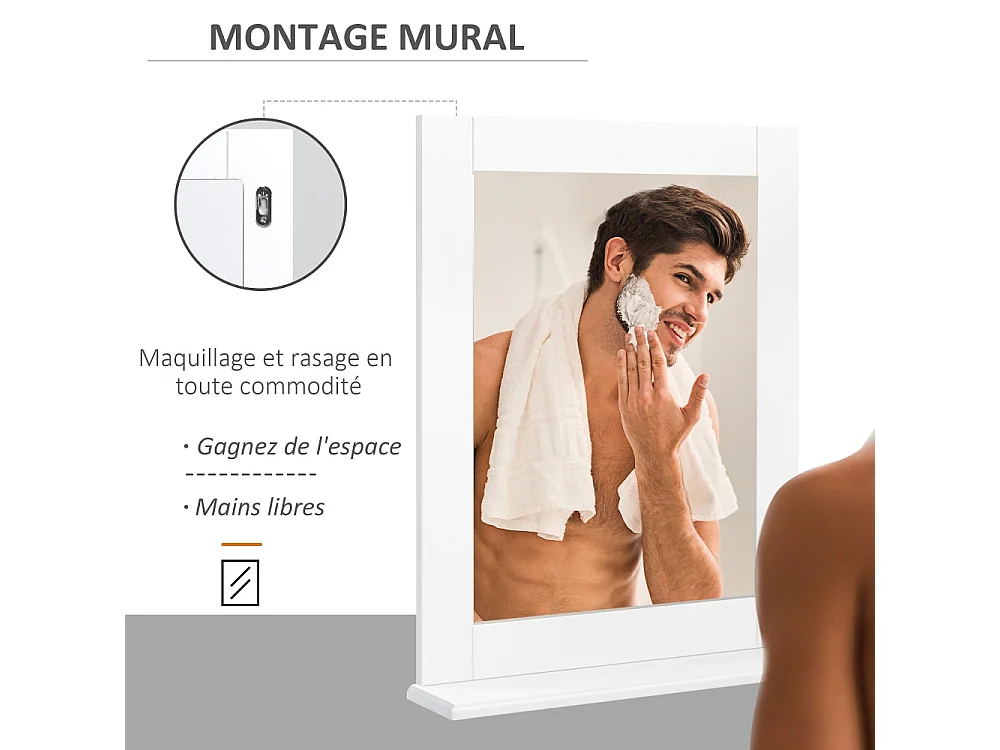 kleankin Miroir de salle de bain mural moderne avec étagère de rangement 50 x 11.5 x 60 cm blanc