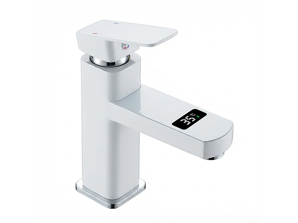 Robinet de salle de bain LED température digital pour lavabo monocommande Blanc