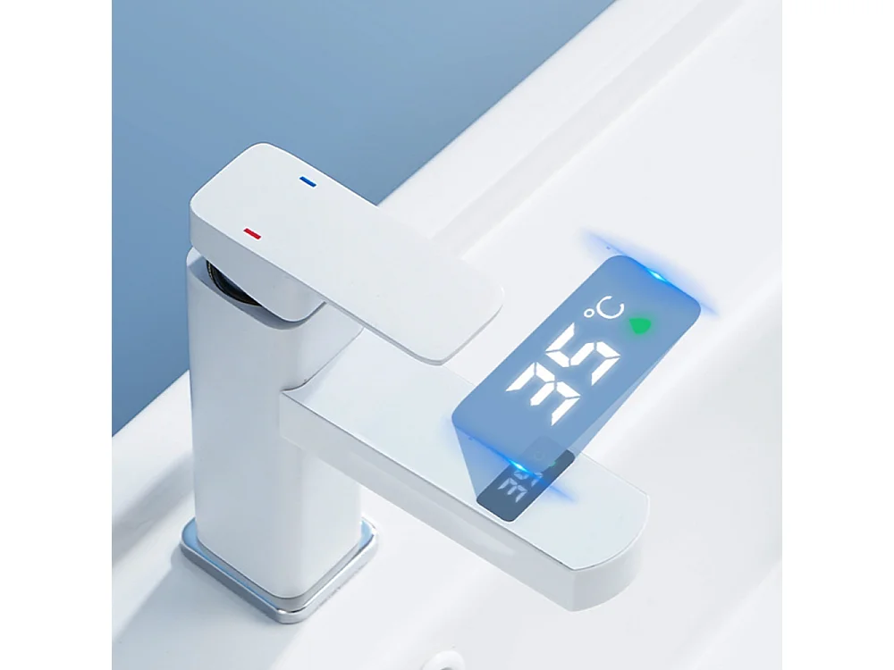 Robinet de salle de bain LED température digital pour lavabo monocommande Blanc