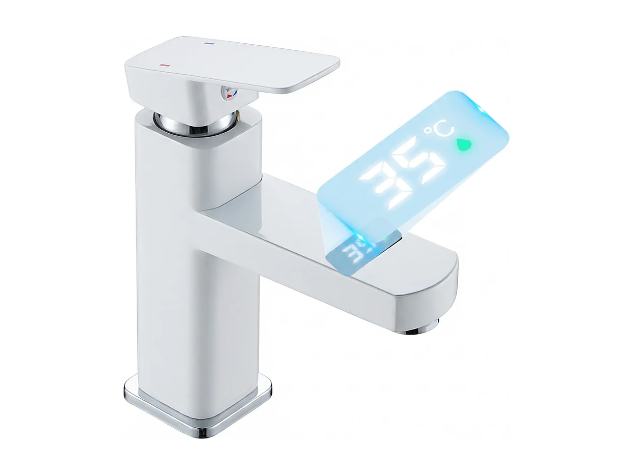 Robinet de salle de bain LED température digital pour lavabo monocommande Blanc