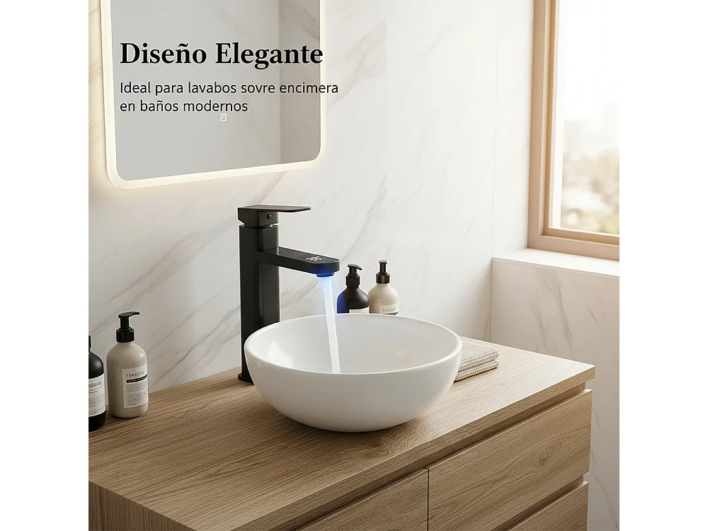 Robinet de salle de bain LED température digital pour lavabo et vasque monocommande style haut
