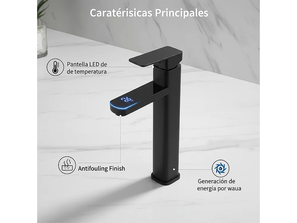 Robinet de salle de bain LED température digital pour lavabo et vasque monocommande style haut