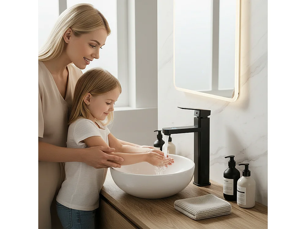 Robinet de salle de bain LED température digital pour lavabo et vasque monocommande style haut