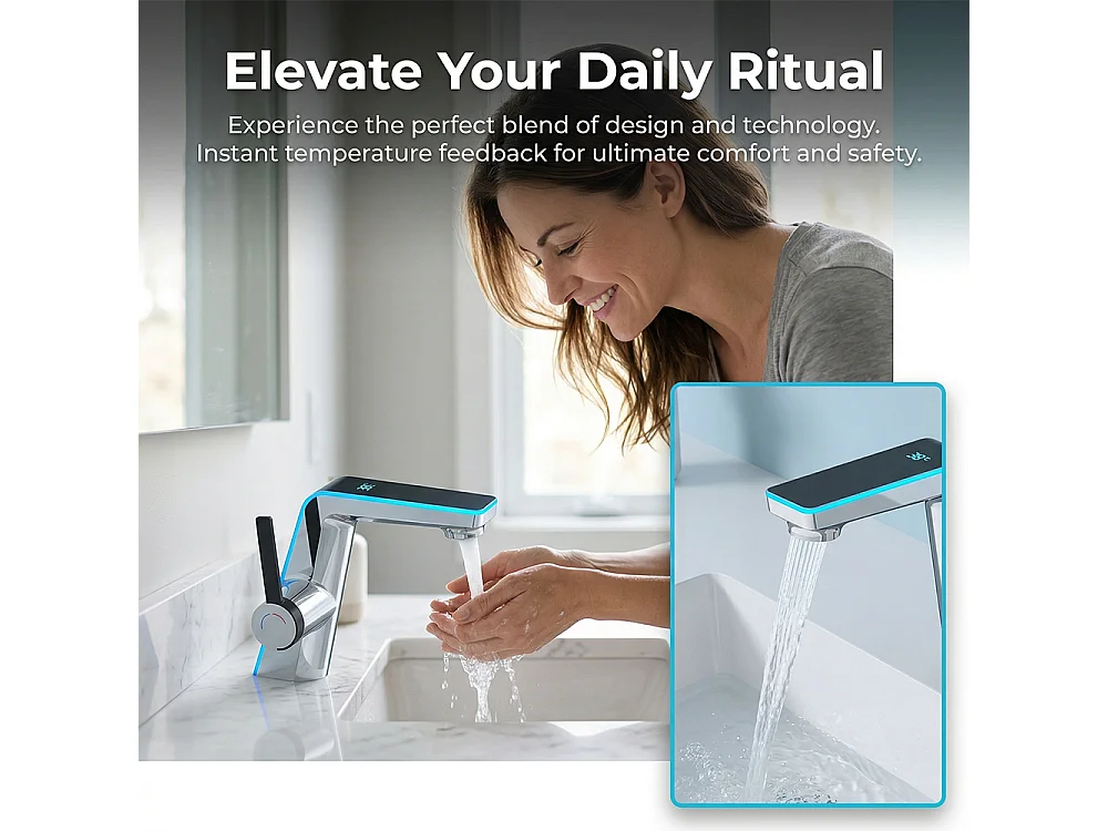 Robinet de salle de bain LED digital pour lavabo monocommande style technologique Chrome