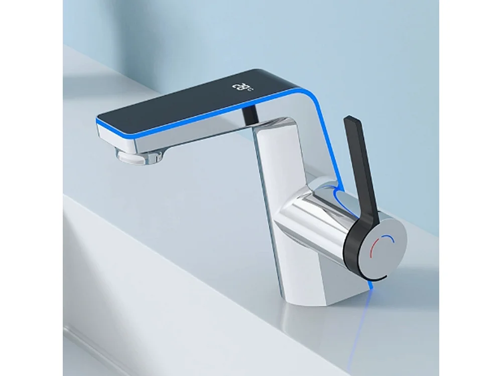 Robinet de salle de bain LED digital pour lavabo monocommande style technologique Chrome