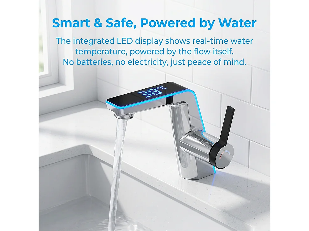 Robinet de salle de bain LED digital pour lavabo monocommande style technologique Chrome