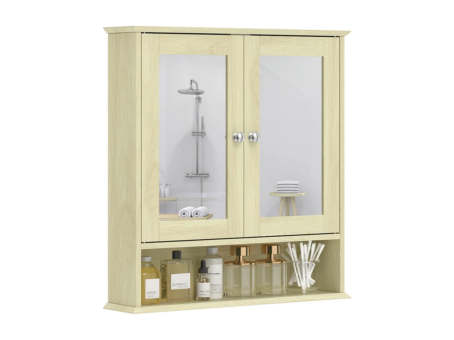 Armoire murale salle de bain avec miroir meuble salle de bain avec Portes Miroir Doubles Bois Naturel