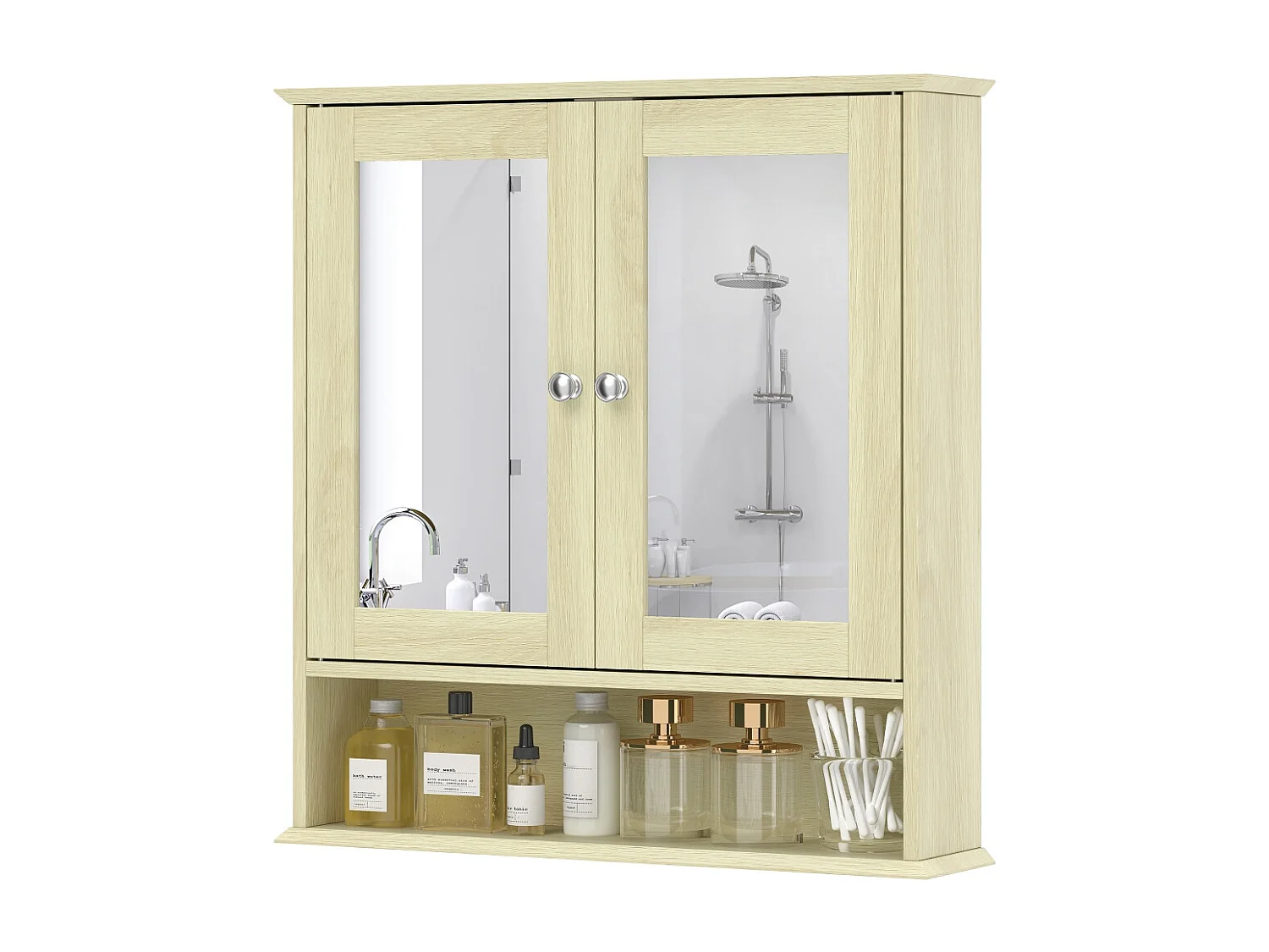 Armoire murale salle de bain avec miroir meuble salle de bain avec Portes Miroir Doubles Bois Naturel