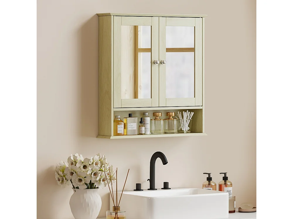 Armoire murale salle de bain avec miroir meuble salle de bain avec Portes Miroir Doubles Bois Naturel
