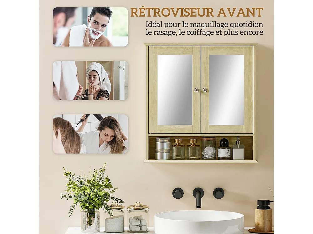 Armoire murale salle de bain avec miroir meuble salle de bain avec Portes Miroir Doubles Bois Naturel