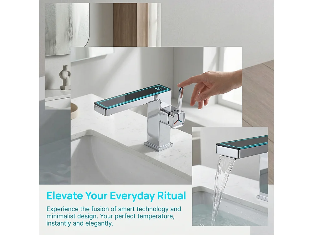 Robinet de salle de bain LED digital pour lavabo monocommande en Laiton style technologique chrome